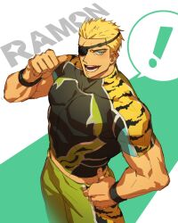 Rule 34 | 1boy, animal print, bara, blonde hair, blue eyes, eyepatch, feet out of frame, highres, looking at viewer, male focus, midriff peek, muscular, muscular male, pectorals, pointing, pointing at self, ramon (kof), rkgkjj, shirt, short hair, solo, standing, the king of fighters, thick eyebrows, tiger print, tight clothes, tight shirt, wrestler