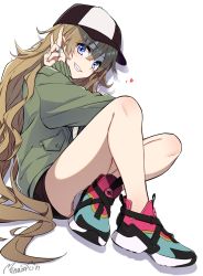 Rule 34 | 1girl, black shorts, blue eyes, blue nails, commentary request, dutch angle, fingernails, green jacket, grin, hair between eyes, hand up, highres, jacket, jewelry, light brown hair, long hair, long sleeves, minamoto mamechichi, nail polish, open clothes, open jacket, original, ring, shadow, shoes, short shorts, shorts, signature, sitting, sleeves past wrists, smile, solo, v, very long hair, white background