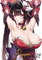 Rule 34 | 1girl, armpits, arms up, bare shoulders, bell, black choker, black hair, black sash, breasts, celyn404, chest tattoo, choker, cleavage, commentary request, detached sleeves, dress, eyeshadow, facial mark, fox mask, honkai: star rail, honkai (series), jingle bell, large breasts, long hair, looking at viewer, makeup, mask, mask on head, neck bell, nipple slip, nipples, obi, pink eyes, red dress, sash, short sleeves, smile, solo, sparkle (honkai: star rail), strapless, strapless dress, tattoo, twintails, upper body, very long hair