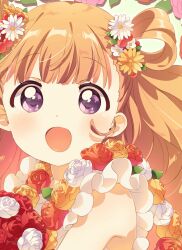 Rule 34 | 1girl, blush, bouquet, brown hair, flower, flower necklace, frilled shirt, frills, hair flower, hair ornament, highres, holding, holding bouquet, jewelry, lei, long hair, namori, necklace, open mouth, original, purple eyes, red flower, red rose, rose, shirt, sleeveless, smile, twintails, white flower, white rose, yellow flower, yellow rose