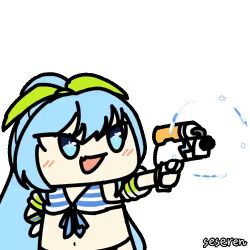 Rule 34 | 1girl, animated, animated gif, bikini, cross-shaped pupils, firing, long hair, lowres, navel, open mouth, ponytail, seseren, swimsuit, symbol-shaped pupils, water gun