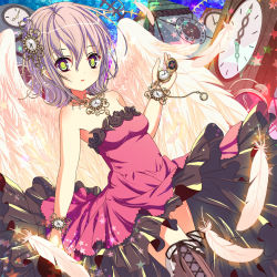 Rule 34 | 1girl, bare shoulders, clock, clock tower, dress, dutch angle, feathered wings, feathers, green eyes, jewelry, looking at viewer, lots of jewelry, necklace, original, parted lips, pocket watch, red dress, shiwasu horio, short hair, silver hair, solo, tower, watch, white wings, wings