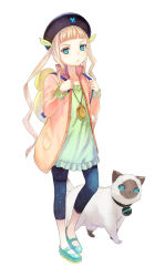 Rule 34 | 1girl, :&lt;, absurdres, aqua eyes, backpack, bag, blonde hair, cat, child, elle mel marta, full body, hat, highres, inomata mutsumi, jacket, jewelry, long hair, long sleeves, looking at viewer, mary janes, official art, open clothes, open jacket, pendant, shoes, simple background, solo, standing, tales of (series), twintails, white background