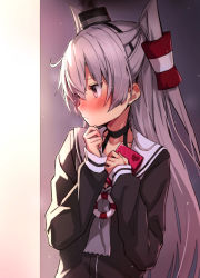 Rule 34 | 1girl, amatsukaze (kancolle), black dress, blush, box, brown eyes, commentary request, dress, gift, gift box, hair between eyes, hair tubes, heart, highres, holding, holding gift, kantai collection, lifebuoy, long hair, long sleeves, revision, sailor collar, sailor dress, silver hair, solo, swim ring, takanashi kei (hitsujikan), two side up, upper body, valentine, white sailor collar