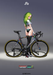 Rule 34 | 1girl, artist name, ass, bicycle, bike jersey, black thighhighs, breasts, closed mouth, clothes writing, crop top, fingerless gloves, from behind, full body, gloves, gradient background, green hair, grey background, high heel sneakers, high heels, highres, hitomi kazuya, long hair, looking at viewer, looking back, medium breasts, original, parted bangs, purple eyes, shadow, smile, solo, standing, thighhighs, white footwear, white gloves