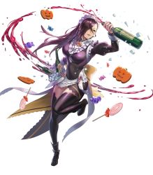 Rule 34 | 1girl, alternate costume, black thighhighs, bottle, breasts, brown eyes, brown hair, bucket, candy, cookie, cuboon, enmaided, female focus, fire emblem, fire emblem fates, fire emblem heroes, food, full body, hair over one eye, halloween, highres, holding, ice, jack-o&#039;-lantern, kagero (fire emblem), large breasts, lollipop, long hair, maid, maid headdress, ninja, nintendo, official alternate costume, official art, parted lips, pumpkin, smile, solo, thighhighs, transparent background, zettai ryouiki