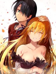 Rule 34 | 1boy, 1girl, ^ ^, araragi koyomi, bakemonogatari, bare shoulders, black hair, blonde hair, blood, blood on face, bloody tears, breasts, cleavage, closed eyes, dress, efe, hair over one eye, hand on another&#039;s head, kiss-shot acerola-orion heart-under-blade, large breasts, long hair, monogatari (series), oshino shinobu, pointy ears, short hair, simple background, smile, torn clothes, very long hair, white background