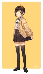 Rule 34 | 1girl, bad id, bad pixiv id, black footwear, black ribbon, black thighhighs, blush, bow print, brown hair, brown skirt, closed mouth, commission, hair ribbon, hairband, high-waist skirt, highres, jacket, kim bae-eo, legs apart, loafers, long sleeves, looking at viewer, neck ribbon, open clothes, open jacket, orange hairband, orange ribbon, original, pleated skirt, print shirt, puffy long sleeves, puffy sleeves, ribbon, shirt, shirt tucked in, shoes, short hair, simple background, skirt, skirt hold, solo, swept bangs, tareme, thighhighs, unbuttoned, white shirt, yellow background, yellow eyes, yellow jacket, zettai ryouiki