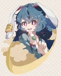 Rule 34 | 1girl, :d, animal ears, blue hair, blue shirt, blue sweater, blush, bright pupils, cloud, commentary, dango, fingernails, floppy ears, food, hair between eyes, hand up, holding, holding food, long hair, looking at viewer, low twintails, open mouth, rabbit ears, red eyes, sanshoku dango, seiran (touhou), shirt, smile, solo, sweater, teeth, touhou, twintails, upper body, upper teeth only, wagashi, warabe (be-san), white pupils
