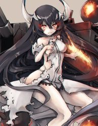 Rule 34 | 10s, 1girl, abyssal ship, anchorage water oni, black hair, blush, dress, fire, glowing, glowing eyes, gradient hair, high heels, highres, horns, kajaneko, kantai collection, long hair, multicolored hair, red eyes, sitting, solo, torn clothes, torn dress, turret, very long hair, white hair