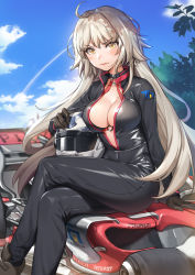 Rule 34 | 1girl, boots, breasts, cleavage, closed mouth, cloud, cloudy sky, commentary request, day, fate/grand order, fate (series), helmet, highres, jeanne d&#039;arc (fate), jeanne d&#039;arc alter (avenger) (fate), jeanne d&#039;arc alter (fate), jumpsuit, large breasts, long hair, motor vehicle, motorcycle, motorcycle helmet, o-ring, o-ring top, outdoors, piyo (pixiv 2308057), silver hair, sitting, sky, solo, tree, tsurime, yellow eyes