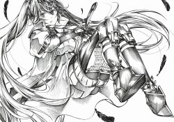 Rule 34 | 1girl, absurdres, crossed bangs, dress, feathers, folmauth, hair ornament, highres, holding, holding sword, holding weapon, long hair, looking at viewer, lucia: plume (punishing: gray raven), lucia (punishing: gray raven), mechanical arms, mechanical legs, mechanical parts, monochrome, punishing: gray raven, sidelocks, solo, sword, traditional media, twintails, very long hair, weapon, x hair ornament