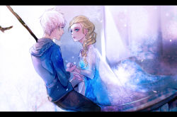 Rule 34 | 1boy, 1girl, crossover, elsa (frozen), frozen (disney), g11030, jack frost (rise of the guardians), rise of the guardians, sequins, white hair