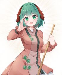 Rule 34 | 1girl, animal ears, blush, dog ears, dress, fang, green eyes, green hair, holding, kasodani kyouko, long sleeves, looking at viewer, open mouth, pink dress, rururiaru, short hair, simple background, skin fang, smile, solo, touhou, upper body, white background