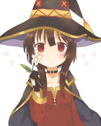 Rule 34 | 1girl, black cape, black gloves, breasts, brown hair, cape, choker, closed mouth, collar, dress, flower, gloves, hand up, hat, highres, holding, holding flower, kono subarashii sekai ni shukufuku wo!, light smile, looking at viewer, megumin, petals, red dress, red eyes, short hair with long locks, sidelocks, simple background, small breasts, solo, standing, witch hat, yuno (suke yuno)