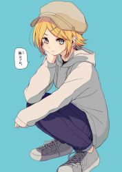 Rule 34 | 1girl, arm support, azumaya toushirou, blonde hair, blue background, blue eyes, blue pants, brown hat, cabbie hat, commentary, drawstring, expressionless, full body, grey footwear, grey hoodie, hair ornament, hairclip, hand on own cheek, hand on own face, hat, head rest, highres, hood, hoodie, kagamine rin, looking at viewer, pants, shoes, short hair, sleeves past wrists, sneakers, solo, speech bubble, squatting, swept bangs, translated, vocaloid