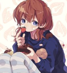 Rule 34 | 1girl, blue pantyhose, blue sweater, brown hair, cake, cake slice, chocolate cake, closed mouth, expressionless, food, food on face, fruit, fruit background, hand up, holding, holding food, holding fruit, ka (marukogedago), looking at viewer, low twintails, medium hair, original, pantyhose, purple eyes, sitting, solo, strawberry, striped clothes, striped pantyhose, sweater, twintails