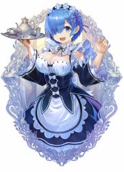 Rule 34 | 1girl, :d, apron, black dress, black ribbon, blue eyes, blue hair, blush, breasts, cleavage, commentary request, cup, detached sleeves, dress, frilled dress, frilled sleeves, frills, hair ornament, hair over one eye, hair ribbon, hands up, highres, holding, holding tray, itou youichi, juliet sleeves, long sleeves, looking at viewer, maid, maid headdress, medium breasts, neck ribbon, open mouth, puffy sleeves, purple ribbon, re:zero kara hajimeru isekai seikatsu, rem (re:zero), ribbon, ribbon-trimmed clothes, ribbon trim, roswaal mansion maid uniform, short hair, simple background, smile, solo, teacup, teapot, teeth, tray, upper teeth only, waist apron, white apron, white background, wide sleeves, x hair ornament