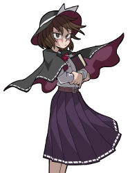 Rule 34 | 1girl, absurdres, black capelet, black hat, black skirt, book, brown eyes, brown hair, capelet, closed mouth, commentary, crossed arms, eddybird55555, english commentary, fedora, hat, highres, long sleeves, looking at viewer, ringed eyes, shirt, short hair, simple background, skirt, solo, standing, touhou, usami renko, vanripper (style), white background, white shirt