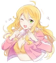 Rule 34 | 1girl, ;d, ahoge, artist name, bad id, bad twitter id, blonde hair, blush, breasts, character name, cleavage, green eyes, hoshii miki, idolmaster, idolmaster (classic), long hair, looking at viewer, mery (yangmalgage), one eye closed, open mouth, pink diamond 765, pointing, pointing at self, simple background, smile, solo