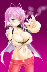 Rule 34 | 1girl, arm up, between fingers, blush, bra, breasts, cigarette, cleavage, hand in own hair, highres, holding, large breasts, lingerie, midriff, navel, okitakung, open clothes, open shirt, original, pants, pink hair, purple eyes, shirt, short hair, smile, smoking, solo, underwear, wristband