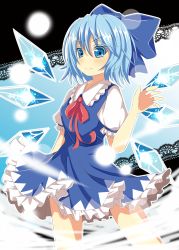 Rule 34 | 1girl, blue eyes, blue hair, blush, bow, cirno, crystal, hair bow, highres, ice, ice wings, matching hair/eyes, puffy sleeves, short hair, short sleeves, smile, solo, touhou, wings, yuimari