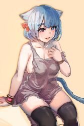 Rule 34 | 1girl, bare shoulders, black thighhighs, blue hair, bow, bow (bhp), bracelet, breasts, brown dress, cleavage, commentary, dress, hair bow, jewelry, large breasts, looking at viewer, navel, original, parted lips, pink eyes, short hair, simple background, skindentation, sleeveless, sleeveless dress, smile, solo, thighhighs, thighs, yellow background