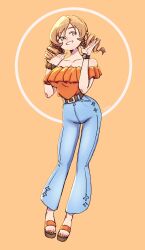 Rule 34 | 1girl, artist name, bare shoulders, belt, blonde hair, bracelet, breasts, brown belt, casual, circle, collarbone, commentary, denim, drill hair, earrings, flower earrings, frills, full body, grin, hands up, happy, head tilt, highres, jeans, jewelry, large breasts, looking to the side, mahou shoujo madoka magica, mahou shoujo madoka magica (anime), off-shoulder shirt, off shoulder, orange background, orange shirt, pants, sandals, shirt, shirt tucked in, simple background, smile, solo, swept bangs, toenails, tomoe mami, tulchip, twin drills, watch, wristwatch, yellow eyes