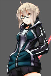 Rule 34 | ahoge, artoria pendragon (fate), bike shorts, blonde hair, blush, braid, breasts, fate/grand order, fate (series), french braid, grey background, hands in pockets, hood, hoodie, looking at viewer, medium breasts, mysterious heroine x (fate), mysterious heroine x alter (fate), mysterious heroine x alter (second ascension) (fate), partially unzipped, saamon (railgun0522), short hair, thighs, type-moon, upper body, yellow eyes