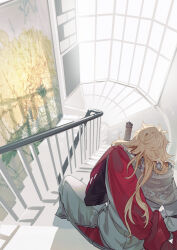 Rule 34 | 1boy, blonde hair, film grain, floral print, from behind, highres, ichimonji norimune, indoors, japanese clothes, long hair, long sleeves, male focus, painting (object), pants, railing, red sash, sash, sitting, sitting on stairs, solo, stairs, stairwell, sword, tandem, touken ranbu, weapon, white pants, window