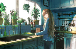 Rule 34 | 1girl, absurdres, bottle, brown eyes, brown hair, counter, faucet, frying pan, girls&#039; frontline, highres, indoors, kitchen, kofi59652451, ladle, long hair, long sleeves, one side up, oven, plant, pot, potted plant, scar, scar across eye, scar on face, shirt, sink, smile, solo, spatula, standing, ump45 (girls&#039; frontline), very long hair, white shirt