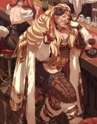 Rule 34 | 1boy, 1girl, bar (place), bara, bartender, beard, blonde hair, blush, boots, championship belt, character request, chest hair, clothing cutout, cross-laced footwear, crotchless, crotchless pants, draph, earrings, facial hair, feet out of frame, granblue fantasy, harvin, jewelry, kumanaru, ladiva, large pectorals, leather, leather boots, long hair, male focus, muscular, muscular male, one eye closed, out of frame, pants, pectorals, pointing, pointing at viewer, pointy ears, short hair, smile, solo focus, thick thighs, thigh cutout, thighs, wrestling mask, wrestling outfit