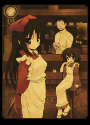 Rule 34 | 1boy, 2girls, apron, black border, black hair, border, clock, cup, facial hair, japanese clothes, kettle, kimono, looking at viewer, multiple girls, mustache, muted color, open mouth, original, phonograph, sandals, sitting, smile, standing, stool, tabi, teacup, tsuchiyama niu, unmoving pattern, waitress