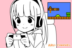 Rule 34 | 1-up mushroom, 1girl, ? block, blunt bangs, blush, casual, chair, character name, closed mouth, commentary request, controller, dot nose, english text, game controller, gamepad, gaming chair, hands up, headphones, highres, hitoribocchi no marumaru seikatsu, holding, holding controller, holding game controller, honshou aru, hood, hood down, hoodie, katsuwo (cr66g), long hair, long sleeves, looking down, mario, mario (series), nintendo, on chair, partially colored, pink background, playing games, sidelocks, sitting, smile, solo, split mouth, super mario bros. 1, swivel chair, upper body, warp pipe