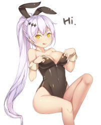 Rule 34 | 1girl, :q, absurdres, alternate costume, animal ears, black leotard, breasts, cleavage, collarbone, covered navel, fake animal ears, girls&#039; frontline, hallohi, high ponytail, highres, invisible chair, leotard, long hair, looking at viewer, medium breasts, partially unzipped, playboy bunny, rabbit ears, shiny clothes, silver hair, simple background, sitting, solo, strapless, strapless leotard, tongue, tongue out, very long hair, white background, wrist cuffs, yellow eyes