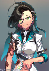 Rule 34 | 1girl, arm at side, arm belt, bad id, bad pixiv id, black hair, black shirt, blood, blue hair, breasts, burn, burnt clothes, candy, damaged, dirty, dirty clothes, earrings, eyelashes, eyeshadow, food, girls&#039; frontline, gradient hair, green eyes, grey background, grin, hair ornament, highres, hip focus, holding, holding candy, holding food, holding lollipop, hoop earrings, injury, jacket, jewelry, lapel pin, leonat, lipstick, lollipop, long hair, looking at viewer, makeup, medium breasts, mole, mole under eye, mullet, multicolored hair, no gloves, parted lips, patreon username, python (girls&#039; frontline), shirt, sideboob, smile, solo, star pin, stud earrings, torn clothes, torn jacket, torn shirt, upper body, very long hair, watermark, white jacket, white neckwear, yellow eyeshadow, yellow lips