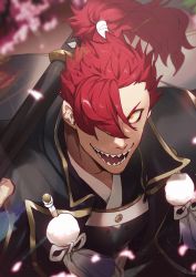Rule 34 | 1boy, close-up, fate (series), hair over one eye, highres, japanese clothes, kimono, koha-ace, long hair, long sleeves, male focus, mori nagayoshi (fate), no-kan, open mouth, ponytail, red hair, sharp teeth, shirt, smile, solo, teeth, upper body, weapon, yellow eyes