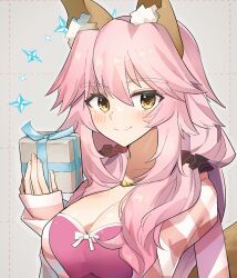 Rule 34 | 1girl, animal ear fluff, animal ears, arkchsky, black scrunchie, blush, box, bra, breasts, cleavage, collarbone, fang, fate/extra, fate/extra ccc, fate/grand order, fate (series), fox ears, fox girl, fox tail, gift, gift box, holding, holding gift, hood, hoodie, jacket, large breasts, long hair, looking at viewer, official alternate costume, partially unzipped, pink bra, pink hair, pink hoodie, scrunchie, skin fang, solo, striped clothes, striped hoodie, striped jacket, tail, tamamo (fate), tamamo no mae (fate/extra), tamamo no mae (spring casual) (fate), underwear, yellow eyes