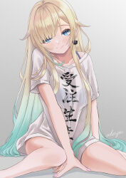 Rule 34 | 1girl, absurdres, aizawa ema, aqua hair, artist name, blonde hair, blue eyes, breasts, breasts squeezed together, cat earrings, clothes writing, gradient background, gradient hair, hair flaps, hair over one eye, head tilt, highres, large breasts, long hair, looking at viewer, multicolored hair, mussan, nail polish, shirt, short sleeves, sitting, smile, solo, t-shirt, very long hair, virtual youtuber, vspo!, wariza, white shirt