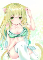Rule 34 | 1girl, animal ear fluff, animal ears, arm support, arm up, bad id, bad pixiv id, bare arms, bare shoulders, blush, bow, bow bra, bra, breasts, cat ears, cat girl, cat tail, closed mouth, collarbone, commentary request, frilled bra, frills, green bra, green eyes, green hair, green panties, hair between eyes, knee up, long hair, medium breasts, multicolored hair, nanase nao, navel, original, panties, plaid, plaid bra, side-tie panties, sitting, solo, tail, thighhighs, two-tone hair, underwear, very long hair, white thighhighs