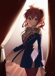 Rule 34 | 1girl, ahoge, aiguillette, backlighting, belt, blue jacket, breasts, brown pantyhose, crown, curtains, epaulettes, fate/grand order, fate (series), fujimaru ritsuka (female), fujimaru ritsuka (female) (halloween royalty), gloves, hair ornament, hair scrunchie, halloween royalty, highres, jacket, long sleeves, looking at viewer, medium breasts, mini crown, official alternate costume, one side up, orange eyes, orange hair, pantyhose, scrunchie, short hair, smile, solo, thighs, white gloves, zhi (yammycheese)