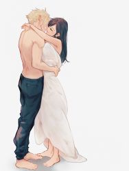 Rule 34 | 1boy, 1girl, arms around neck, bare arms, bare back, bare shoulders, barefoot, bed sheet, black hair, black pants, blanket, blonde hair, blush, breasts, closed mouth, cloud strife, couple, earrings, final fantasy, final fantasy vii, from side, full body, hetero, highres, hug, imminent kiss, jewelry, long hair, maiii (smaii i), naked sheet, pants, short hair, simple background, smile, square enix, standing, straight hair, tifa lockhart, topless male, watermark, white background