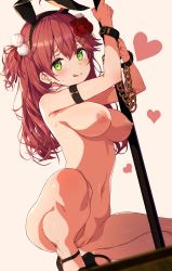 Rule 34 | 1girl, :q, absurdres, animal ears, arm strap, armpits, bdsm, blush, bondage, bondage cuffs, bound, breasts, chained wrists, cleft of venus, detached collar, ear piercing, fake animal ears, feet out of frame, flower, green eyes, hair flower, hair ornament, hairclip, heart, highres, holding, holding pole, hololive, leotard, long hair, looking at viewer, medium breasts, navel, nipples, nude, nude filter, piercing, playboy bunny, pole, pom pom (clothes), pom pom hair ornament, pussy, rabbit ears, raised eyebrows, red flower, red hair, red rose, rose, sakura miko, sideboob, solo, squatting, stripper pole, sweat, sy4, tail, thighs, third-party edit, tongue, tongue out, virtual youtuber