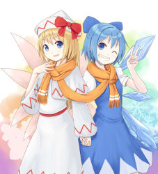 Rule 34 | 2girls, agarwood, blonde hair, blue eyes, blue hair, cirno, dress, grin, hat, holding hands, lily white, long hair, looking at viewer, multiple girls, one eye closed, orange scarf, scarf, shared clothes, shared scarf, short hair, smile, touhou, v, wings