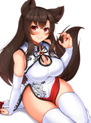 Rule 34 | &gt;:), 1girl, adapted costume, animal ear fluff, animal ears, bare shoulders, black ribbon, blush, breasts, bridal gauntlets, brooch, brown hair, china dress, chinese clothes, cleavage, commentary request, curvy, daichi (tokoya), dress, elbow gloves, fingernails, floral print, gloves, hair between eyes, hand up, highres, imaizumi kagerou, jewelry, large breasts, long hair, looking at viewer, nail polish, neck ribbon, partial commentary, pelvic curtain, red eyes, red nails, ribbon, sharp fingernails, side slit, simple background, sitting, skindentation, smile, solo, tail, thighhighs, thighs, touhou, v-shaped eyebrows, white background, white dress, white gloves, white thighhighs, wide hips, wolf ears, wolf tail