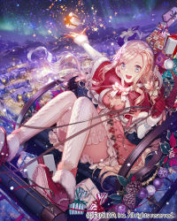 Rule 34 | 1girl, :d, ankle boots, aurora, bad id, bad pixiv id, bauble, blonde hair, boots, braid, breasts, building, capelet, christmas ornaments, city, city lights, cleavage, cleavage cutout, clothing cutout, dragon&#039;s shadow, full body, fur trim, gift, long hair, night, night sky, official art, open mouth, outstretched arm, pink hair, ribbon, sky, sleigh, small breasts, smile, solo, star (sky), starry sky, thighhighs, thighs, throwing, very long hair, watermark, white thighhighs, yna, zettai ryouiki
