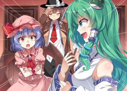 Rule 34 | 3girls, :&lt;, :d, ascot, bare shoulders, bat wings, black skirt, blue hair, brooch, brown hair, closed eyes, coat, commentary request, crossed arms, d:, detached sleeves, e.o., emphasis lines, frog hair ornament, frown, gohei, green eyes, green hair, hair ornament, hair ribbon, hand on headwear, hat, indoors, jewelry, kochiya sanae, long hair, looking at another, mob cap, multiple girls, necktie, open mouth, profile, puffy short sleeves, puffy sleeves, red eyes, red neckwear, remilia scarlet, ribbon, sarashi, shirt, short hair, short sleeves, sideways mouth, skirt, skirt set, smile, snake hair ornament, tie clip, touhou, trench coat, tress ribbon, untucked shirt, usami renko, v-shaped eyebrows, wings, wrist cuffs