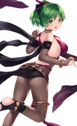 Rule 34 | 1girl, :o, ass, bare shoulders, blush, breasts, bridal gauntlets, cait aron, choker, fire emblem, fire emblem: genealogy of the holy war, fire emblem heroes, foot up, green eyes, green hair, hair ornament, highres, large breasts, lene (fire emblem), looking at viewer, looking back, medium hair, nintendo, official alternate costume, open mouth, simple background, solo, thighlet, thighs, white background