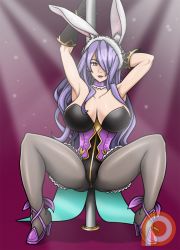 Rule 34 | 1girl, animal ears, armpits, arms up, ass, bare shoulders, black gloves, breasts, cameltoe, camilla (fire emblem), cleavage, easter, fake animal ears, fire emblem, fire emblem fates, fire emblem heroes, full body, gloves, grey pantyhose, high heels, intelligent systems, large breasts, leotard, lipstick, long hair, makeup, nintendo, pantyhose, playboy bunny, pole, pole dancing, purple eyes, purple hair, purple high heels, purple lips, rabbit ears, remaker, spread legs, squatting, thighs