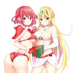 Rule 34 | 2girls, ass, bell, belt, bikini, blonde hair, box, breasts, capelet, chest jewel, christmas, closed mouth, daive, earrings, elbow gloves, gem, gift, gift box, gloves, hair between eyes, highres, holding hands, interlocked fingers, jewelry, large breasts, long hair, multiple girls, mythra (xenoblade), pyra (xenoblade), red belt, red bikini, red capelet, red eyes, red gloves, red hair, short hair, simple background, smile, swept bangs, swimsuit, white background, white bikini, white gloves, xenoblade chronicles (series), xenoblade chronicles 2, yellow eyes